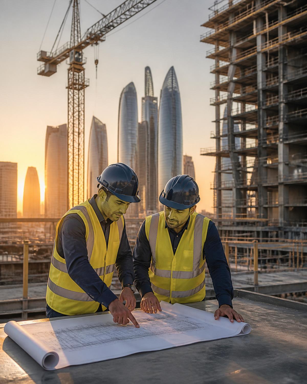 Petrotech engineers reviewing construction plans on-site in Abu Dhabi